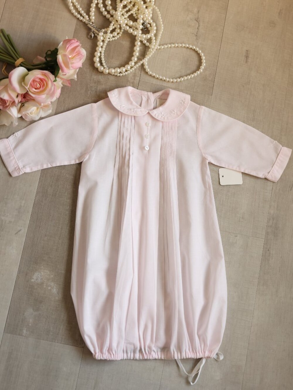 Pink Heirloom Day Gown Coming Home First Portraits Strasburg Pintucks Embroidery